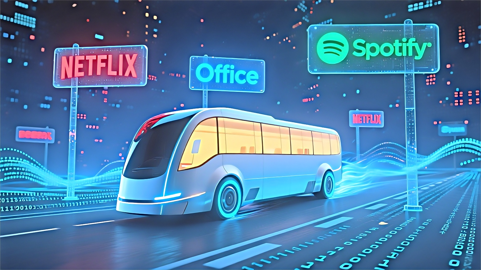 封面图:一辆巴士行驶在数字化的道路上,路牌上写着Netflix, Spotify, Office等